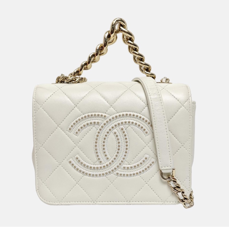 Chanel 白色羊皮菱格纹镶嵌单肩包手提包 金色五金-7