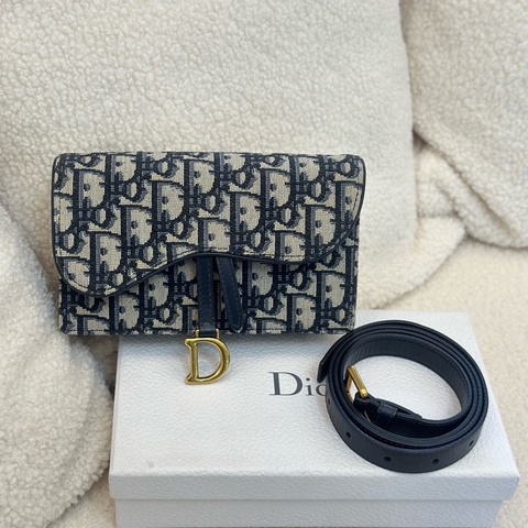 迪奧/Dior經典刺繡老花Oblique印花腰帶馬鞍包單肩斜挎腰包 女款 牛仔藍色 19編碼