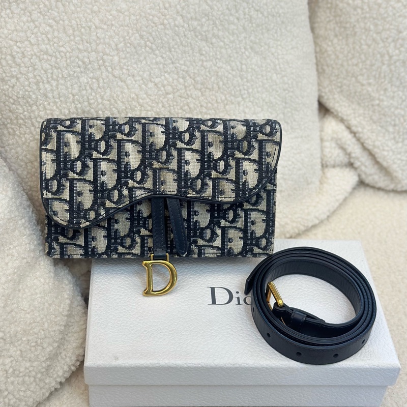 迪奧/Dior經典刺繡老花Oblique印花腰帶馬鞍包單肩斜挎腰包 女款 牛仔藍色 19編碼-0