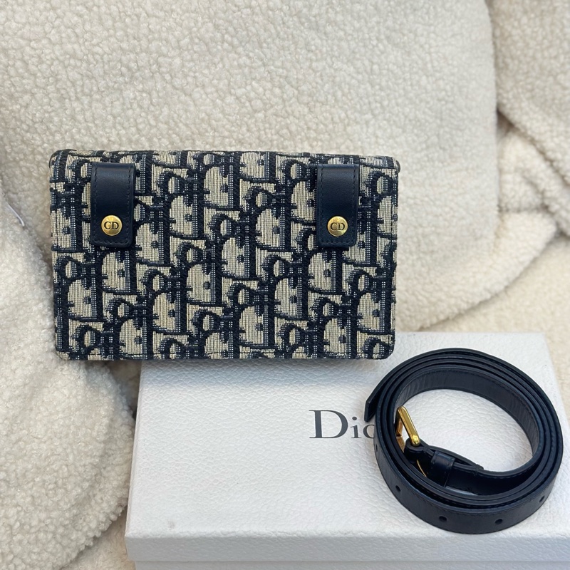 迪奧/Dior經典刺繡老花Oblique印花腰帶馬鞍包單肩斜挎腰包 女款 牛仔藍色 19編碼-1