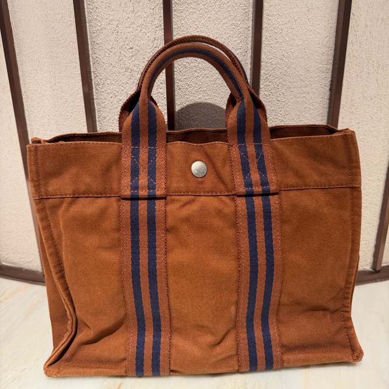 【90新 ✨ 全網最低價！】 中古Hermes愛馬仕帆布手提包 棕色經典款-6