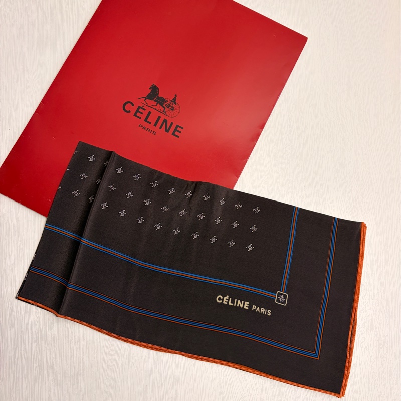 Celine 凱旋門 絲巾 方巾 頭巾 真絲 100%純絲 黑色 棕色 禮物-0