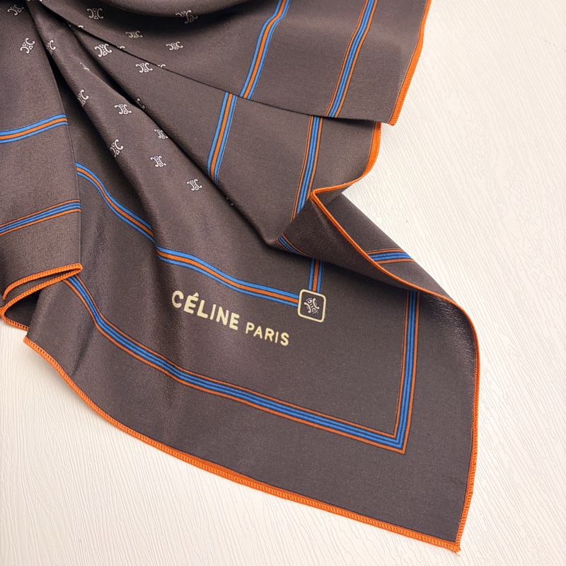 Celine 凱旋門 絲巾 方巾 頭巾 真絲 100%純絲 黑色 棕色 禮物-5