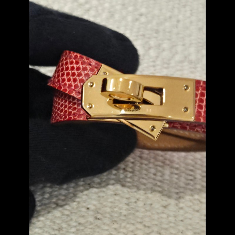 愛馬仕 Hermès Kelly Double Tour 蜥蜴皮雙圈手環 紅色金釦-4