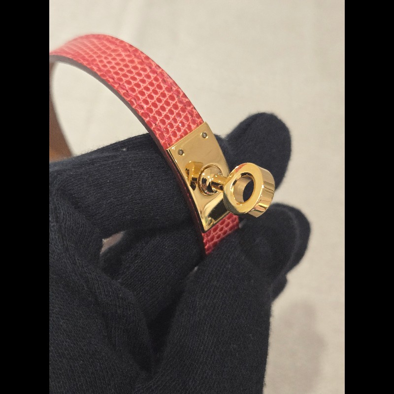 愛馬仕 Hermès Kelly Double Tour 蜥蜴皮雙圈手環 紅色金釦-14