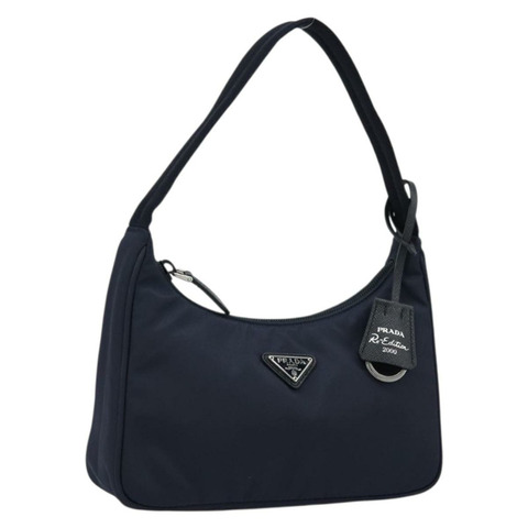 PRADA 復刻版尼龍海軍藍銀色手提包 正品 ka4069M
