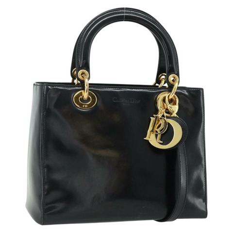 Christian Dior Lady Dior Cannage 中型皮革雙肩包 黑色 金色 Auth ka4150A