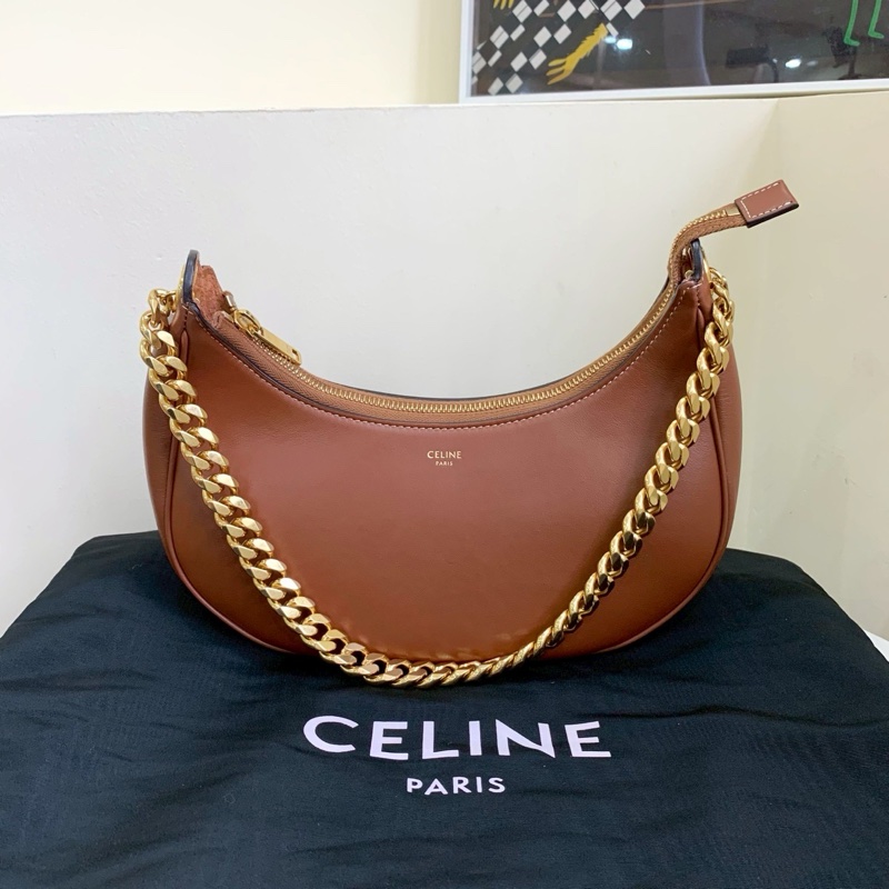 氣質老錢風💎99新🆕Celine賽琳焦糖色全皮Ava月亮包腋下包單肩手提包-5