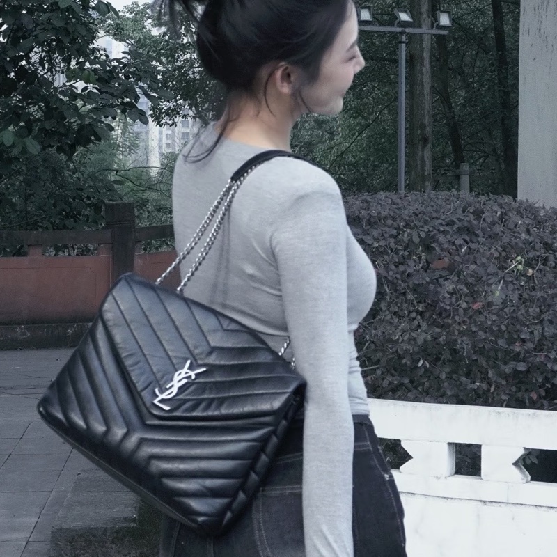 SAINT LAURENT聖羅蘭黑銀鏈條LouLou大號單肩斜挎背包👘-7