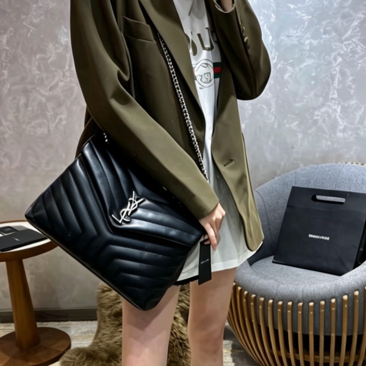 SAINT LAURENT聖羅蘭黑銀鏈條LouLou大號單肩斜挎背包👘-9