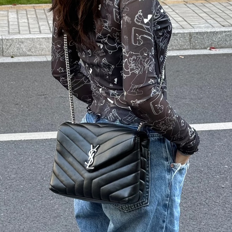 SAINT LAURENT聖羅蘭黑銀鏈條LouLou大號單肩斜挎背包👘-20