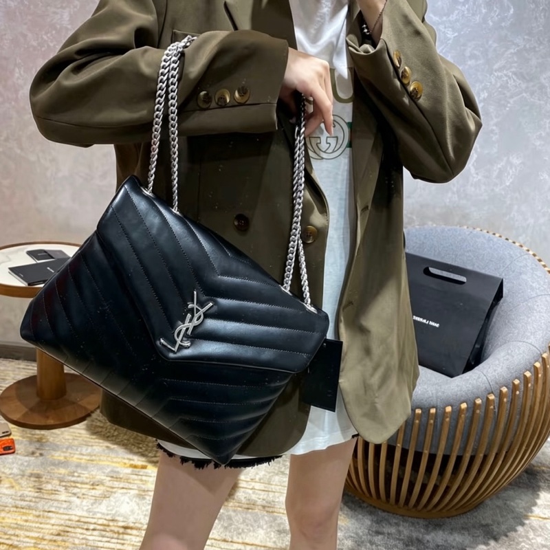 SAINT LAURENT聖羅蘭黑銀鏈條LouLou大號單肩斜挎背包👘-23