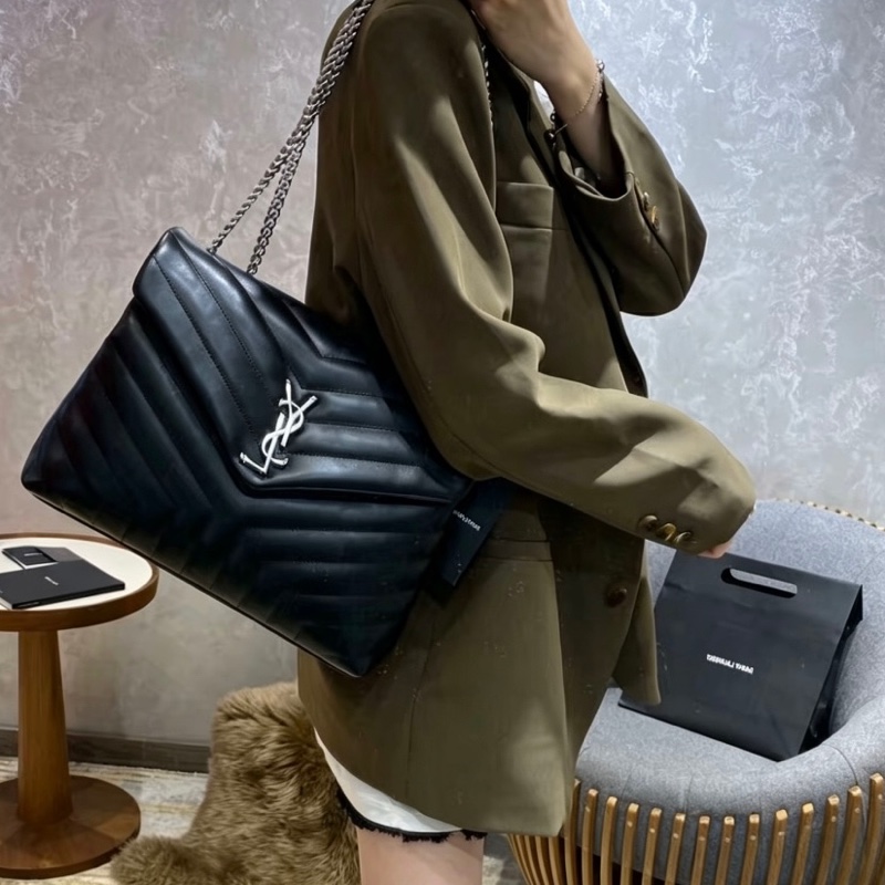 SAINT LAURENT聖羅蘭黑銀鏈條LouLou大號單肩斜挎背包👘-24