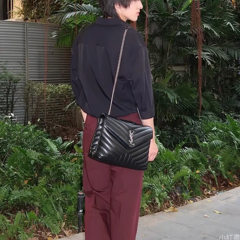 SAINT LAURENT聖羅蘭黑銀鏈條LouLou大號單肩斜挎背包👘-26
