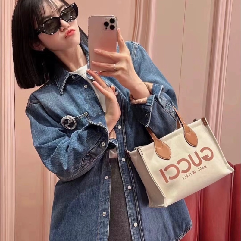 Gucci古馳帆布tote👜帆布拼棕色手柄-6