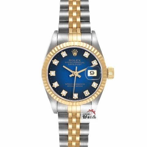 【大眾名錶】ROLEX勞力士69173 Datejust 蠔式女錶 太陽圈 原廠漸層藍十鑽面盤 錶徑26mm 自動上鍊 18K金及不鏽鋼 B1287