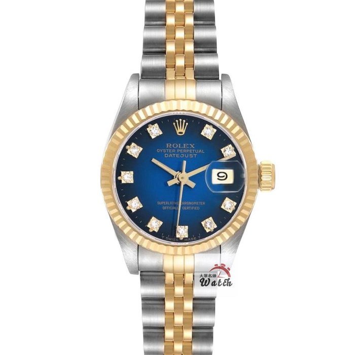 【大眾名錶】ROLEX勞力士69173 Datejust 蠔式女錶 太陽圈 原廠漸層藍十鑽面盤 錶徑26mm 自動上鍊 18K金及不鏽鋼 B1287-0