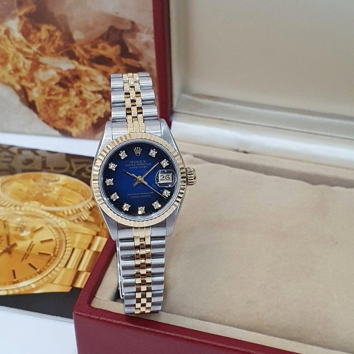 【大眾名錶】ROLEX勞力士69173 Datejust 蠔式女錶 太陽圈 原廠漸層藍十鑽面盤 錶徑26mm 自動上鍊 18K金及不鏽鋼 B1287-1