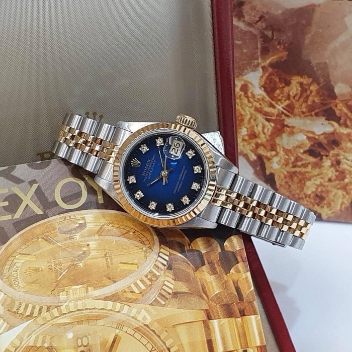 【大眾名錶】ROLEX勞力士69173 Datejust 蠔式女錶 太陽圈 原廠漸層藍十鑽面盤 錶徑26mm 自動上鍊 18K金及不鏽鋼 B1287-2