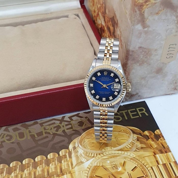 【大眾名錶】ROLEX勞力士69173 Datejust 蠔式女錶 太陽圈 原廠漸層藍十鑽面盤 錶徑26mm 自動上鍊 18K金及不鏽鋼 B1287-3