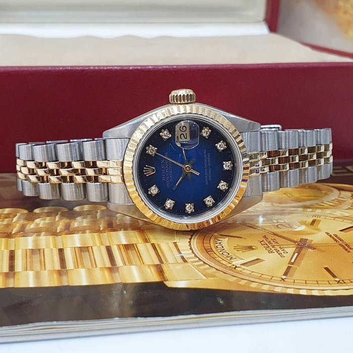 【大眾名錶】ROLEX勞力士69173 Datejust 蠔式女錶 太陽圈 原廠漸層藍十鑽面盤 錶徑26mm 自動上鍊 18K金及不鏽鋼 B1287-4