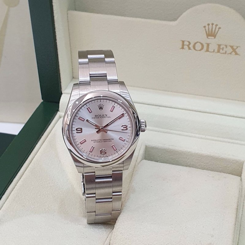 【大眾名錶】ROLEX勞力士 177200 蠔式OP 中型款 銀色369數字面盤 粉色時標 錶徑31 大眾名錶G274-1