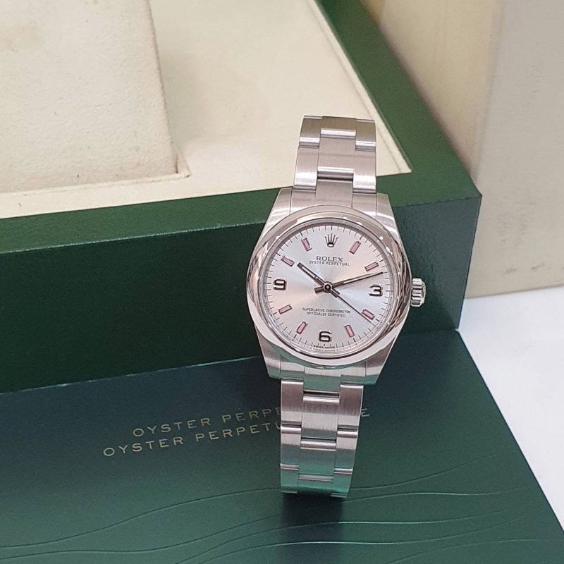 【大眾名錶】ROLEX勞力士 177200 蠔式OP 中型款 銀色369數字面盤 粉色時標 錶徑31 大眾名錶G274-3