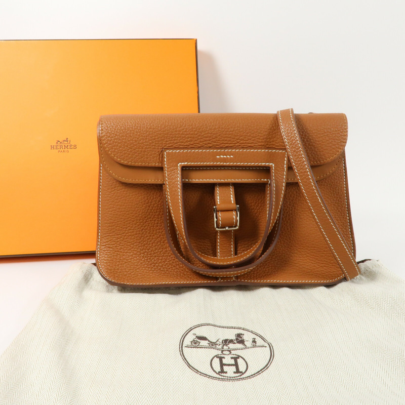 HERMES Clemence皮革Halzan 25銀扣兩用手挽肩背包Gold-14