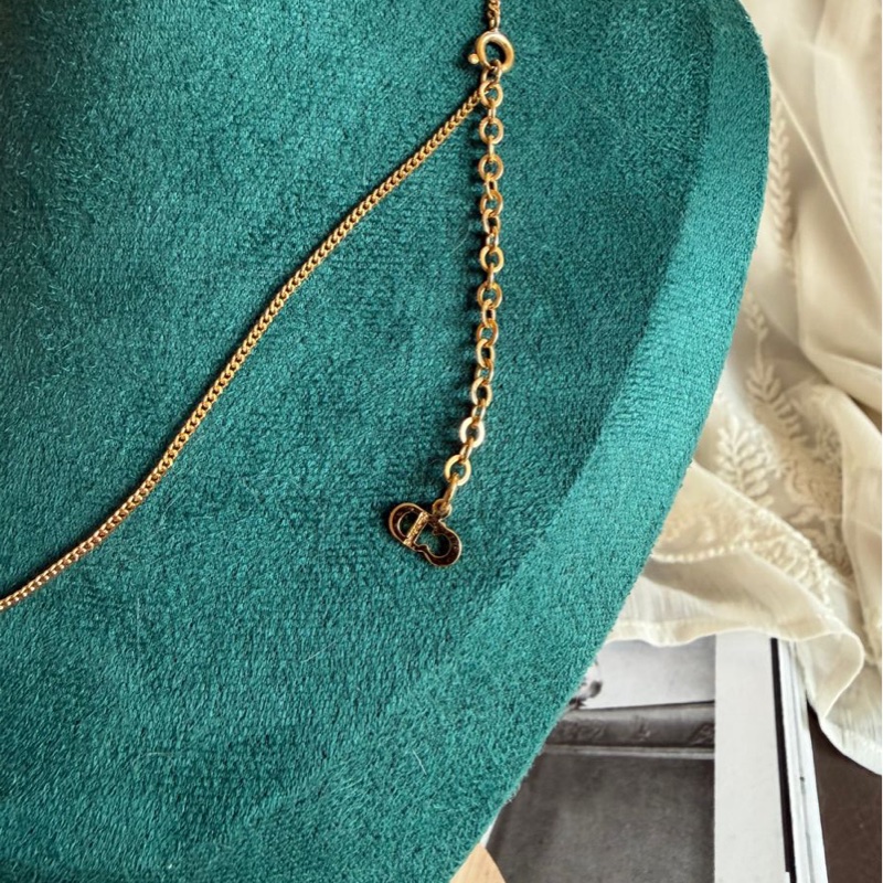 迪奧 項鏈 頸鏈 吊墜 金色 水鑽 中古款 項鏈 延長鏈 標誌性 金色CD交扣 dior necklace 水滴型 閃亮水鑽-4