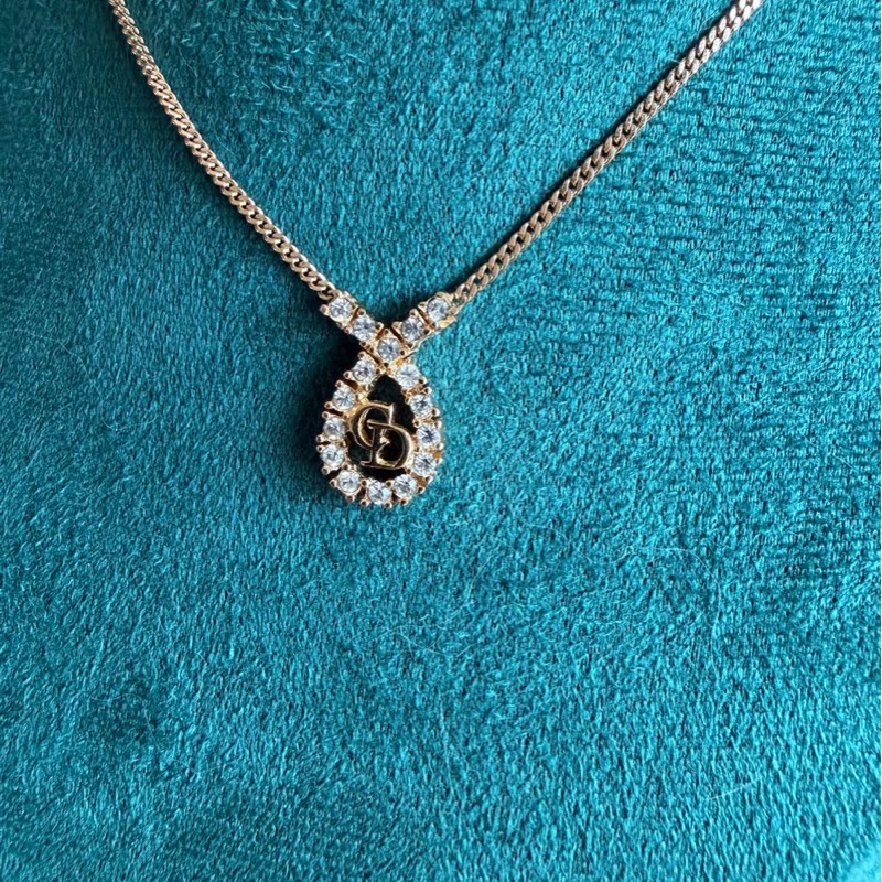 迪奧 項鏈 頸鏈 吊墜 金色 水鑽 中古款 項鏈 延長鏈 標誌性 金色CD交扣 dior necklace 水滴型 閃亮水鑽-6