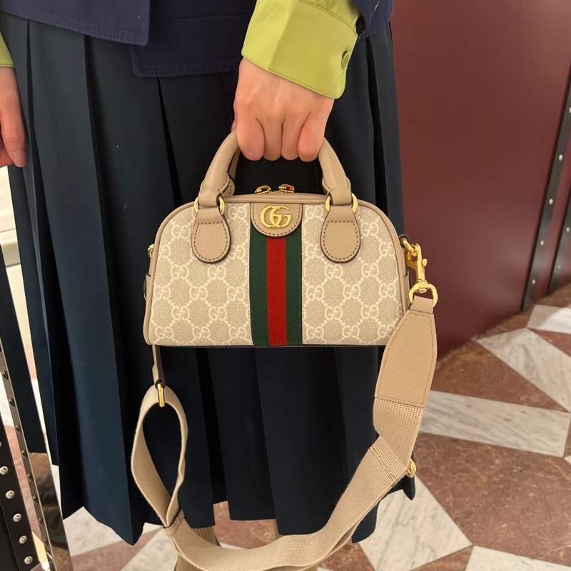 Gucci古馳新款Ophidia迷你波士頓保齡球包燕麥色🍘🍘-3