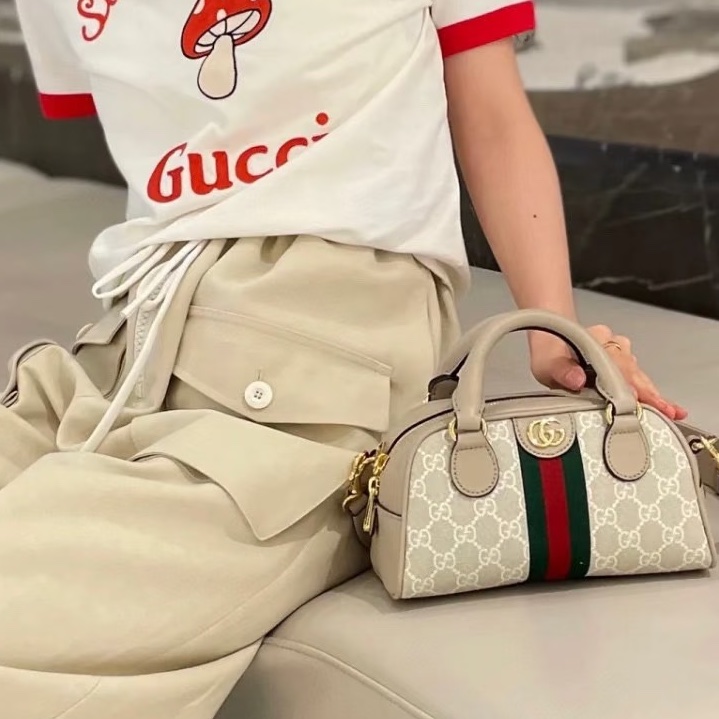 Gucci古馳新款Ophidia迷你波士頓保齡球包燕麥色🍘🍘-5