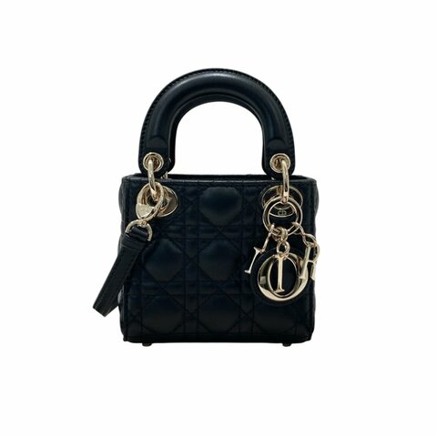 CHRISTIAN DIOR 迪奧 CANNAGE MICRO LADY BAG 手提側背包 羊皮 黑色 銀釦