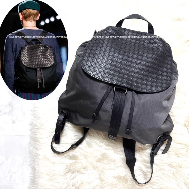 BOTTEGA VENETA BV 黑灰 尼龍 編織牛皮 側背包 後背包 手提包 雙肩背-1