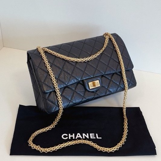 香奈兒/Chanel黑金油蠟皮2.55 中號鏈條包-2