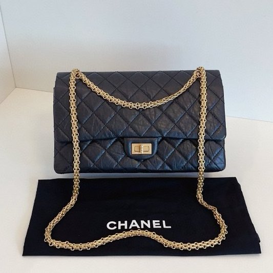 香奈兒/Chanel黑金油蠟皮2.55 中號鏈條包-5