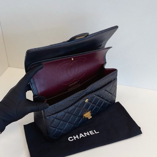 香奈兒/Chanel黑金油蠟皮2.55 中號鏈條包-8