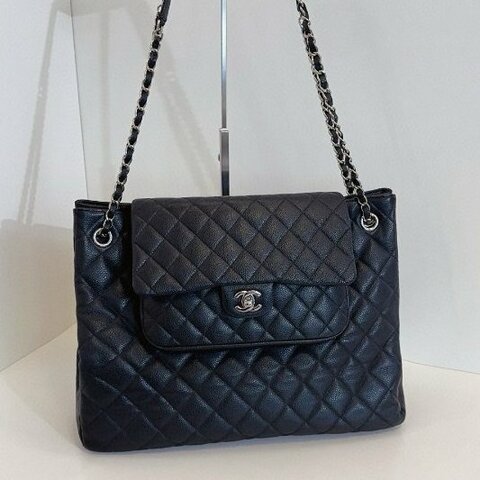 香奈兒/Chanel 黑銀牛皮 魚子醬雙口袋 機場托特包