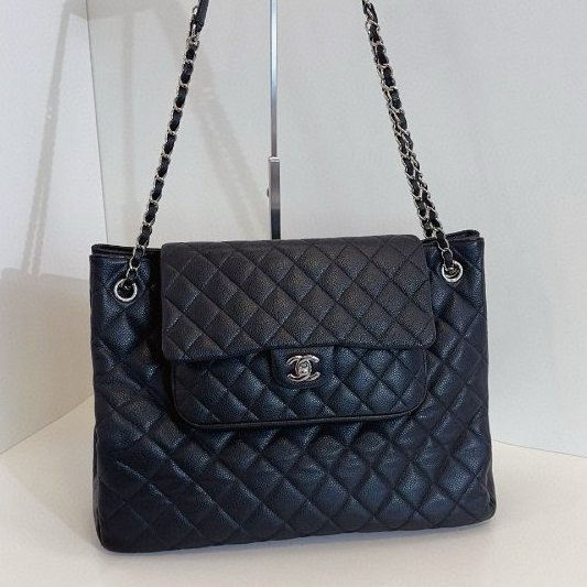 香奈兒/Chanel 黑銀牛皮 魚子醬雙口袋 機場托特包-0