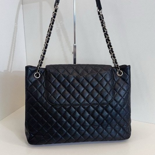 香奈兒/Chanel 黑銀牛皮 魚子醬雙口袋 機場托特包-1