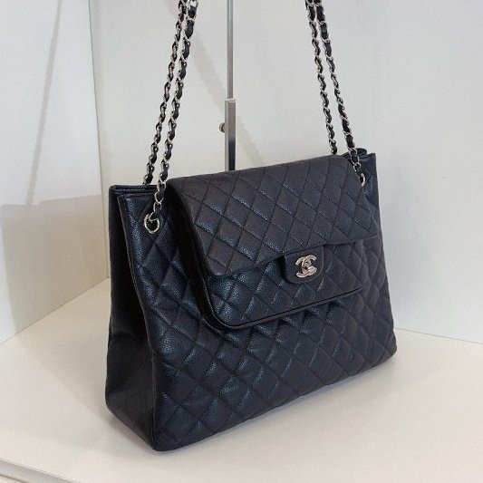 香奈兒/Chanel 黑銀牛皮 魚子醬雙口袋 機場托特包-2
