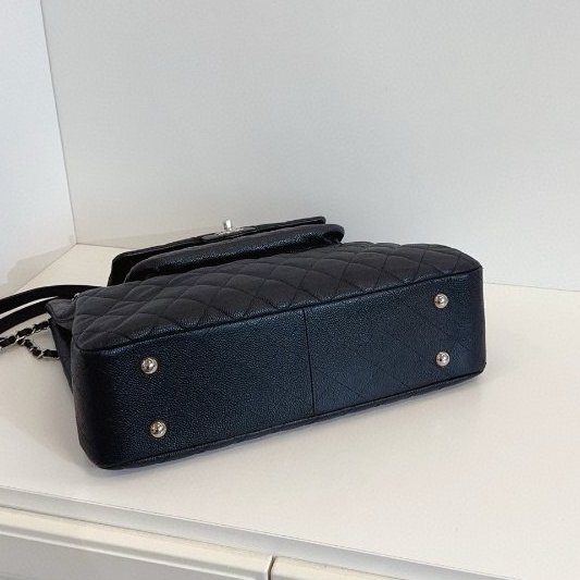 香奈兒/Chanel 黑銀牛皮 魚子醬雙口袋 機場托特包-3