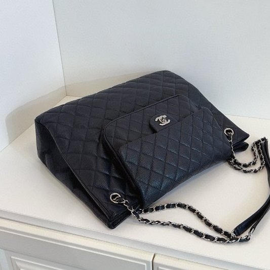 香奈兒/Chanel 黑銀牛皮 魚子醬雙口袋 機場托特包-4
