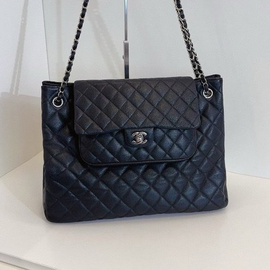 香奈兒/Chanel 黑銀牛皮 魚子醬雙口袋 機場托特包-5