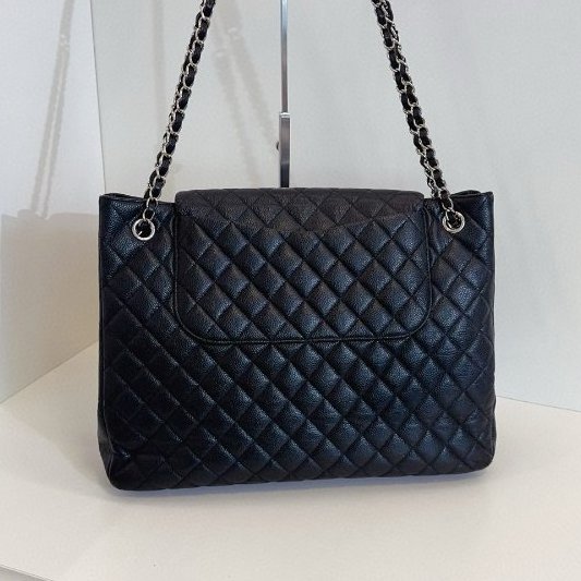 香奈兒/Chanel 黑銀牛皮 魚子醬雙口袋 機場托特包-6