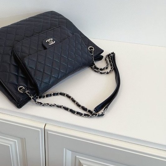 香奈兒/Chanel 黑銀牛皮 魚子醬雙口袋 機場托特包-9
