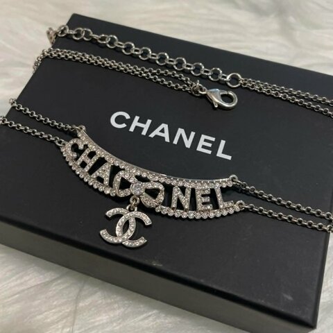 CHANEL 水鑽字母蝴蝶結雙C垂墜頸鍊