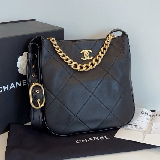 閒置新 香奈兒/Chanel 黑金嬉皮Hobo 小號牛皮肩背包 芯片款-0