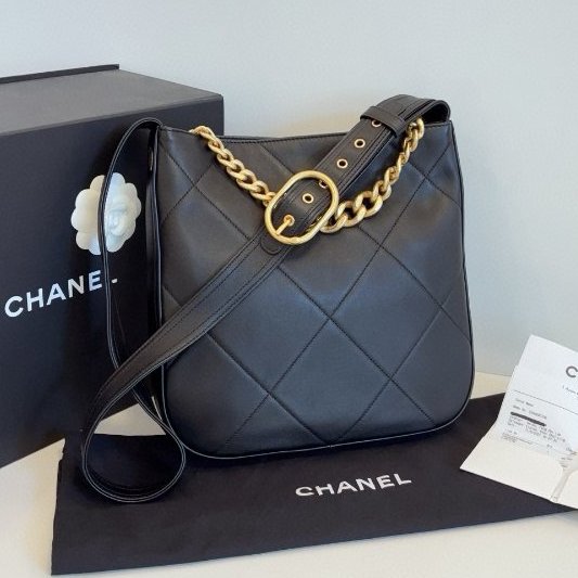 閒置新 香奈兒/Chanel 黑金嬉皮Hobo 小號牛皮肩背包 芯片款-1