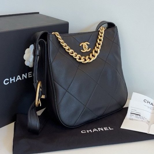 閒置新 香奈兒/Chanel 黑金嬉皮Hobo 小號牛皮肩背包 芯片款-2